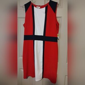Sleeveless Red Colorblock Mini Dress with White & Navy Panels
